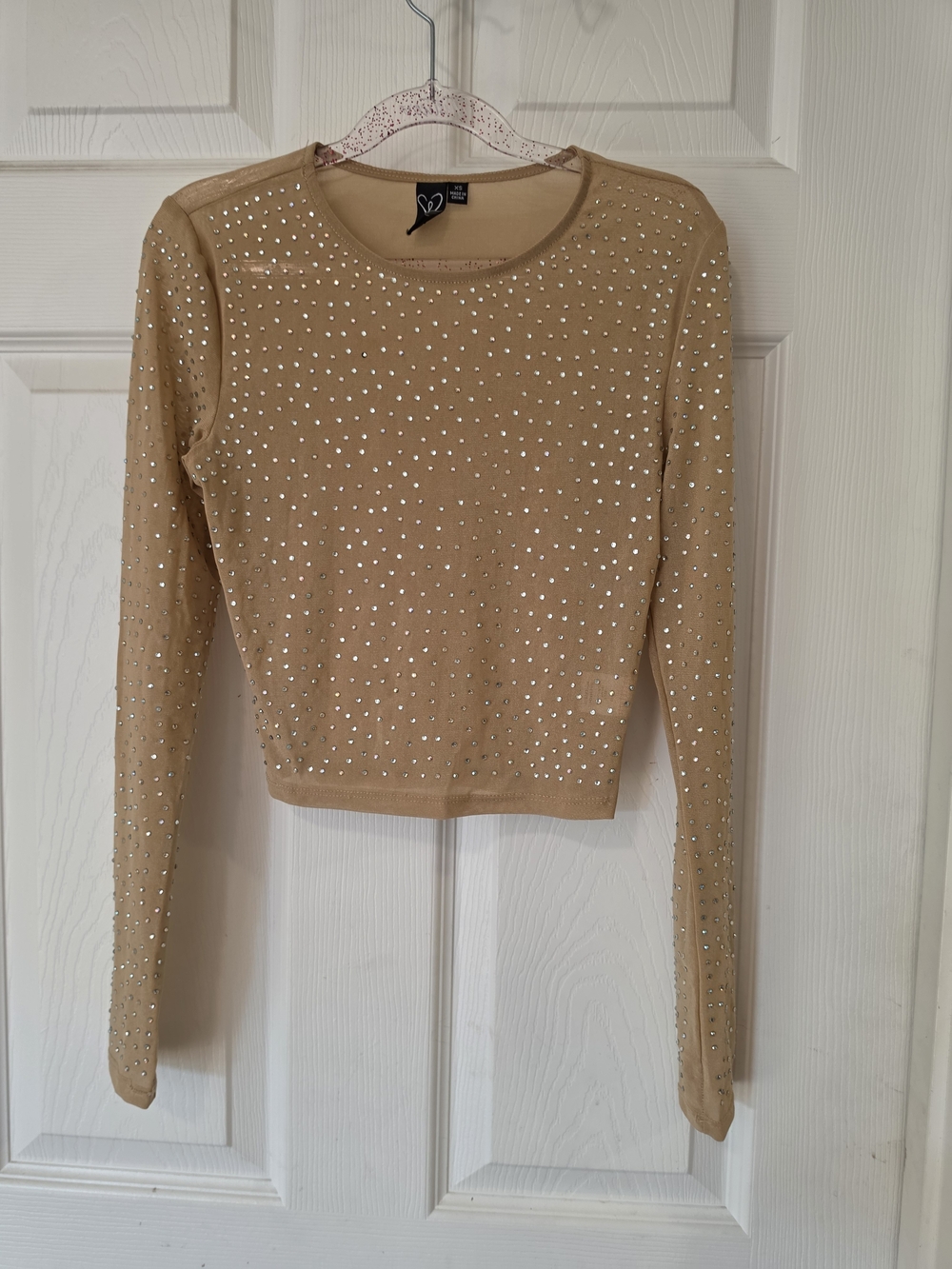Juniors Heart Soul Beige Long-Sleeve Rhinestone Crop Top Size XS